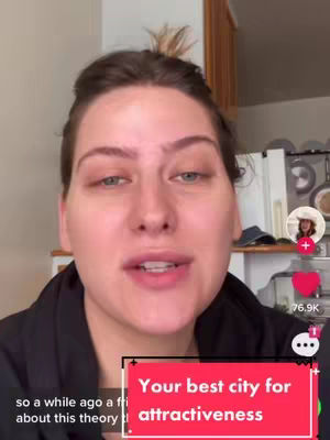 A woman with light skin and brown hair that's up in a bun is speaking directly at the camera against the backdrop of a kitchen. Below her is a red rectangle with the text overlay: Your best city for attractiveness.