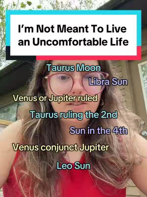 A woman with long brown hair and glasses is centered, looking towards the camera. She's wearing a red top, appearing to be in natural light. Overlaid text in various colors and fonts highlights astrological terms.