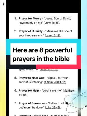 The image is a vertical graphic, featuring a white background with a blue and red gradient border, and a central white rectangle that showcases a rounded-corner rectangle with text on the top. The rectangle contains a list of biblical prayers identified by number and short description. The graphics uses primarily white, blue, and red with black text.