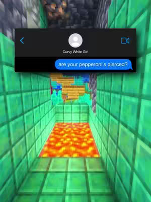 The cover image shows a screenshot of a text message conversation displayed as an overlay on a Minecraft-style environment. The background features a hallway with green block walls and floor with lava. A text bubble reads 'are your pepperoni's pierced?'.