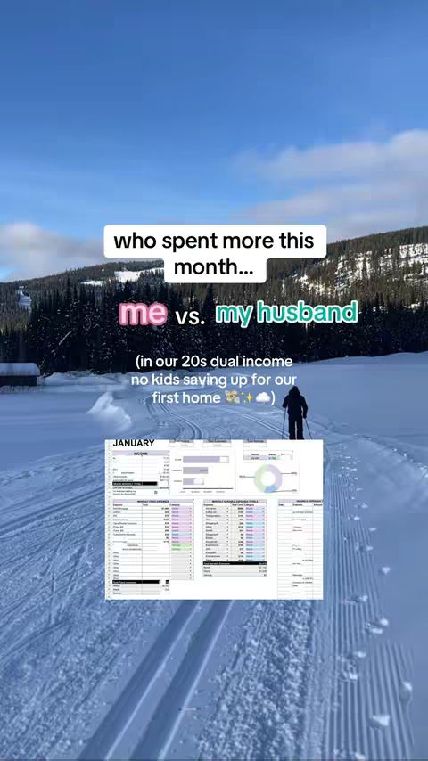 The cover image features a winter landscape with snow-covered terrain and trees in the background under a blue sky. Text overlays provide the hook, including a comparison of spending habits between 'me' and 'my husband,' financial data visualization is present at the bottom.