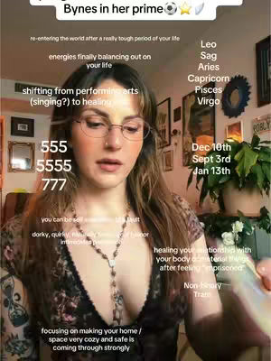 A medium shot features a woman wearing glasses, gazing downward with a contemplative expression. The background is filled with framed pictures and a plant. Text elements and a numerical sequence are also present in the scene.