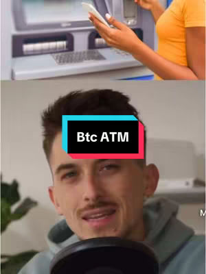 The cover image is a split view. The upper half features a person's arm and hand interacting with a cryptocurrency ATM. The lower half focuses on a man looking directly at the camera with a microphone in front of him. A text overlay 'Btc ATM' is placed on the man’s forehead.