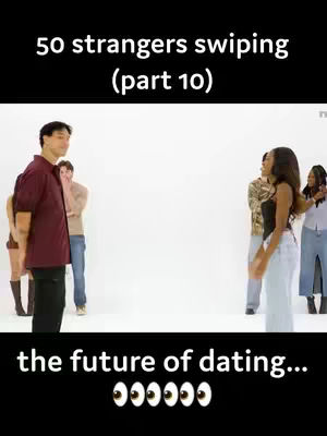 The image is divided with a thick black bar at the top and bottom. At the top, white text says "50 strangers swiping (part 10)." The main image portion features two groups of people. On the left, a man in a burgundy shirt and black pants has his back to the camera, with two other partially visible individuals in the background. On the right, a woman stands facing the camera, and three other people stand behind her. Below the image, white text reads "the future of dating..." followed by emoji eyes.