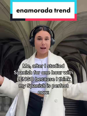 A woman wearing headphones stands in front of an arched architectural background. Text overlays include a top banner in teal, and below, text about studying Spanish with the LENGO app. The woman has a neutral expression with open mouth, against a stone arch background