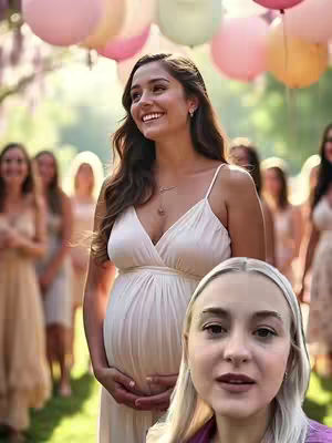 A staged photograph taken outdoors, possibly at a wedding or baby shower. The central focus is a smiling pregnant woman wearing a white dress, with a secondary layer of another woman's face at the bottom of the frame. Soft focus in the background reveals additional women in similar dresses, and the upper portion of the image is filled with pink and white balloons. The lighting appears natural with a soft, diffused quality, suggesting an outdoor setting.