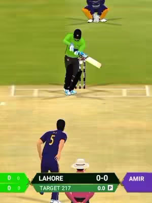 An animated cricket match scene featuring a batsman in action, a bowler, and other players in the field. The field itself is rendered in green with the batsman wearing green and black, the bowler in blue and white. There are informational overlays on the field.