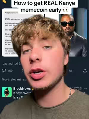 A selfie-style cover image featuring a young man centered in the frame, with text overlays at the top detailing the video's subject. Behind him on the right is a photo of Kanye West. The background includes posts and comments sections from a social media post. The overall composition is informal, targeting a cryptocurrency topic.