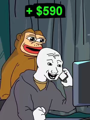 An animated image with two cartoon characters. A person is on the phone and smiling, with a Wojak-style character and a meme monkey looking over his shoulder. A green graphic in the top-left corner displays a positive dollar amount.