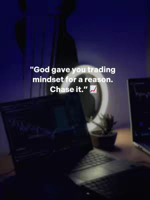 The cover image features a dimly lit interior with a laptop in focus, displaying a financial chart. The text overlay includes a motivational quote about trading mindset, accompanied by a stock chart icon. The background hints at a desk setup with additional tech elements like a ring light.