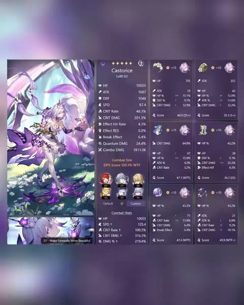 The image shows a detailed screenshot of a character build from a game, featuring a female anime-style character with multiple details, including stats and equipment.