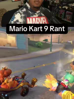 The cover image is split into two sections. The upper portion features a blurred image of a person wearing a hoodie with the Marvel logo. Below, a gameplay scene from a racing game showcases colorful graphics and characters in action, with a yellow text overlay that reads: 'Mario Kart 9 Rant.'