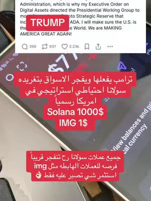 The cover image displays a screenshot of a smartphone screen with text overlays and elements related to cryptocurrency. The background shows a light gradient. A red box in the top section features text implying a connection between the former US President and the market.. Red boxes with white text are also shown, stating Solana and IMG prices. The layout is dynamic, potentially promoting a financial forecast.
