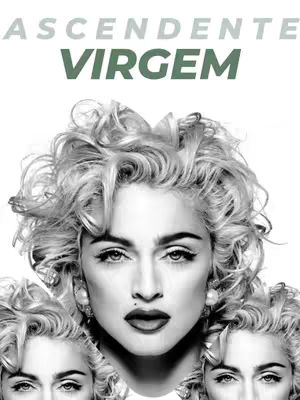 The image showcases a black and white portrait of a woman, likely Madonna, with three instances of her face. The central visage, a direct frontal view, has the word "VIRGEM" in green script at the center. A second group of text, "ASCENDENTE" in grey script, is positioned above the central face. There is a prominent use of soft light on the central face.