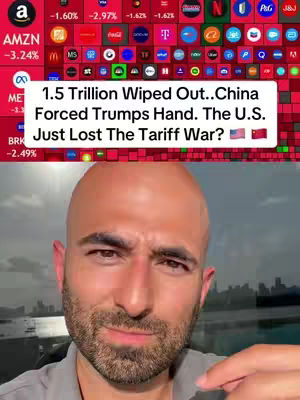 A man with a shaved head and a beard looks directly at the viewer with a concerned expression. Behind him is a cityscape and a display of various company logos and financial data.