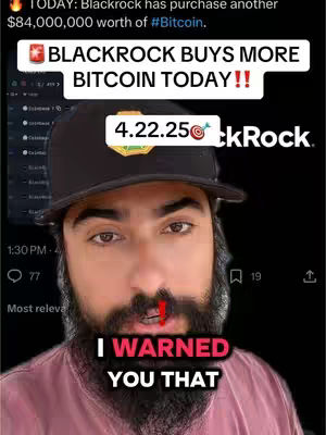 The cover image shows a man with a beard wearing a black cap. Text overlays highlight market news about BlackRock purchasing Bitcoin. The man is in the foreground with a red arrow pointing to his nose. A screen recording in the background further supports the content.