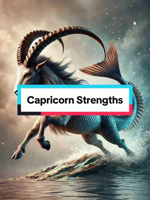 An AI-generated image shows a mythical creature, a Capricorn, posed dynamically in a watery environment. The creature merges a goat's upper body with a fish tail, set against a blurred, artistic backdrop that suggests a cosmic or watery atmosphere. A text overlay reads 'Capricorn Strengths'.