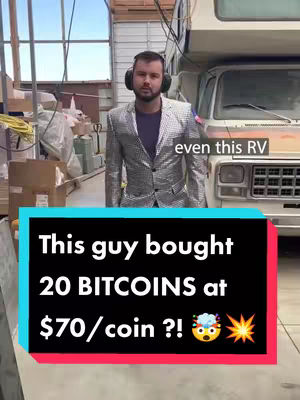 A man stands indoors in front of an RV, wearing a sequined jacket and headphones. Text overlays on the image in a vibrant blue and black box.