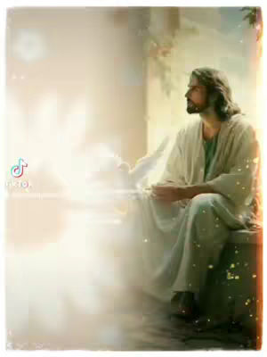 The image features a calm and serene scene with a man in white robes, possibly depicting Jesus, seated in a bright, softly lit environment. He is looking to the right with a focused expression. The background is blurred with soft colors, creating a heavenly or spiritual atmosphere.