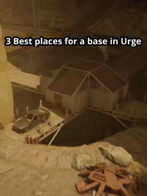 A visual from a video game features a base camp with a car parked nearby. Text overlayed on the image reads: '3 Best places for a base in Urge.' The base appears to be built into the side of a rock formation, with a house-like structure and a small car. Broken down pieces are in the foreground.