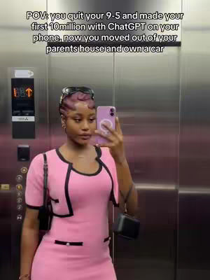 A woman is taking a selfie inside an elevator, with text overlaying the image. The woman is the primary focus, dressed in a pink outfit and holding a purple phone. The elevator walls are smooth, metallic, and mostly out of focus, with buttons and a display visible on the left.