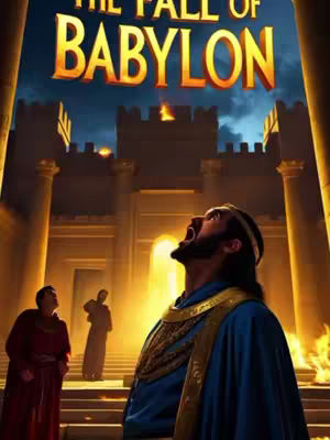A dramatic, digitally rendered image depicting the fall of Babylon. In the foreground, a man with dark hair and a partial beard, dressed in a blue robe with gold detailing, looks upwards with his mouth open in an expression of anguish or despair. Behind him, a large building is alight with flames, suggesting a city on fire. Two other figures are visible, also dressed in historical attire. The background features large columns, architecture reminiscent of ancient Babylon, and a dark, stormy sky with a suggestion of light shining from behind the building.