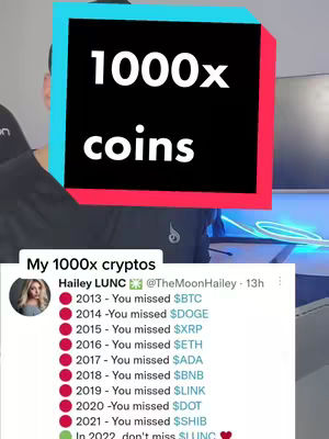 The cover image features a person in the background and a text overlay. The text overlay has a black box with the words "1000x coins" in large white text. The rest of the image contains the screenshot that shows the user's 'My 1000x cryptos' tweet, which shows which cryptocurrencies have 1000x ROI.