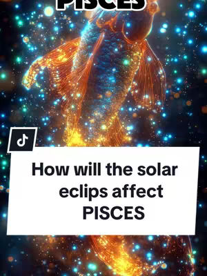 The cover image features a digital illustration of a glowing, stylized fish against a background of sparkling blue and gold light. The fish is the main element, with its form highlighted by a gradient of orange and blue tones. Overlaid on this is a white bar containing the question 'How will the solar eclips affect PISCES', with the word PISCES in larger, bold letters. The background has a dark, celestial theme, filled with bokeh-like particles enhancing the artistic feel.