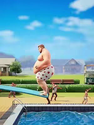 The cover image shows a cartoonish scene at a pool, with a very large man in heart-patterned swim trunks standing at the end of a diving board, about to jump into the pool. In the background are other smaller figures, green grass, some houses, and a bright blue sky.