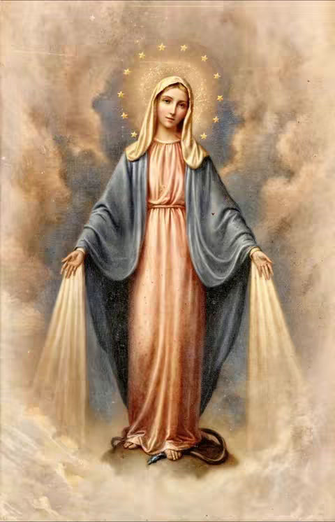 An artistic depiction of the Virgin Mary, with a soft color palette and a background of swirling clouds. Mary is centered, with a halo of stars above her head and her arms outstretched. The overall tone is reverent and serene, with light emanating from her hands.