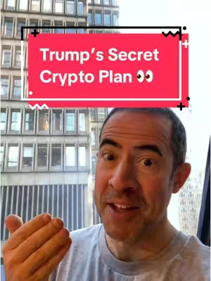 The cover image shows a man in a light gray t-shirt with an enthusiastic expression. He is in front of a blurred background of a tall building with many windows. Overlaid on the image is a red rectangle with white text that reads, "Trump's Secret Crypto Plan." The man is gesturing with his right hand, and his face shows excitement.