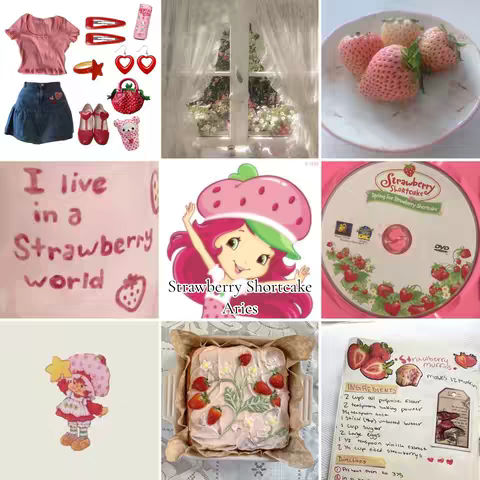 The cover image is a colorful collage of images related to the animated series "Strawberry Shortcake." It features multiple photographs arranged in a grid. The center highlights a cartoon figure of Strawberry Shortcake with a strawberry hat, and text reading "Strawberry Shortcake Aries" and text about different zodiac signs, strawberries and other related food items.
