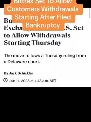The cover image is a screenshot of a news article. The top part has a highlighted orange rectangular background with the text in white: 'Bittrex Set To Allow Customers Withdrawals Starting After Filed Bankruptcy'. Below that the text says: 'U.S set to Allow Withdrawals Starting Thursday'. The text below is in a black font. A timestamp is visible at the bottom along with the author's name. The background is white.