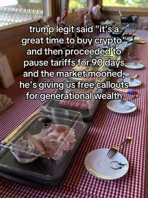 A table is set with a red and white checkered tablecloth. There are trays of food, plates with forks, and text overlayed on the image. The image is brightly lit.