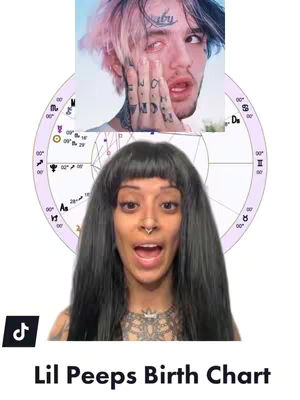 The cover image features a split composition. The top portion shows a young man with pink and black hair, a tattoo reading 'baby' across his forehead, and multiple finger tattoos. He is placed over a blurred background. The bottom half features a woman with long black hair with bangs, who is centered, and the background shows an astrology chart. The words "Lil Peeps Birth Chart" is below the woman's face.