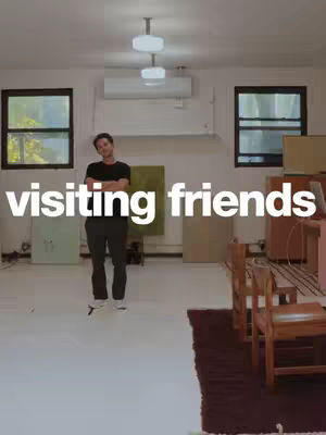 The cover image features a man standing in a room with white walls and a light-colored floor. The text "visiting friends" is overlaid on the image in large, white font.