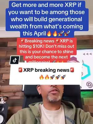 A man in a dark suit is centered at the bottom of the image, facing the camera. Above him, overlaid text in various boxes discusses XRP cryptocurrency, with colors like blue and red. Graphics of flames and rockets decorate some of the text boxes. The background is blurred, but appears to be a room with a window on the right, and a speaker on the left.