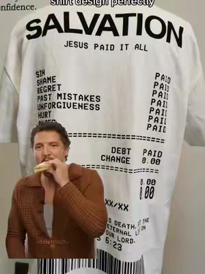 The image superimposes a person eating over a white shirt design that resembles a receipt or bill, imprinted with Christian-themed words, and the word 'SALVATION' dominating the top.