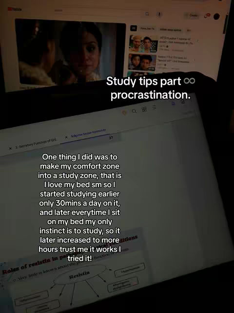 A person is shown in a dimly lit room, possibly at night, next to multiple laptop screens. On the right screen, a still from a film or TV show is playing. On the left screen a document about GS, and the text overlay on the image reads "Study tips part ∞ procrastination."