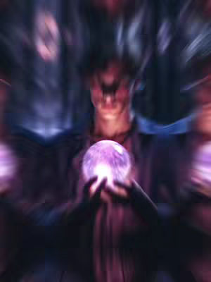 The image features a blurred, otherworldly scene with a person in the center holding a glowing orb. The person is seen from the chest up, with the face slightly in focus, and the orb emitting a bright, central light. Surrounding elements are indistinct, with purples and blues dominating the color scheme, suggesting astral or mystical context.