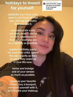 A medium shot features a young woman with long dark hair, standing in front of a soft yellow background. She's looking slightly to the side with a soft smile. Text overlays on the image list ideas for creating personal holidays, and there's a comment bubble in the top right.