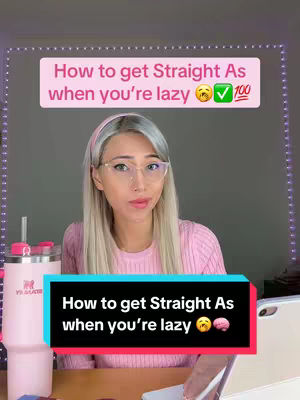 The cover image shows a woman with blonde hair and glasses in front of a gray wall. She is wearing a pink shirt, and there is text overlaid that says "How to get Straight As when you're lazy" in a pink rectangle. There is also a pink tumbler and other objects on the desk.