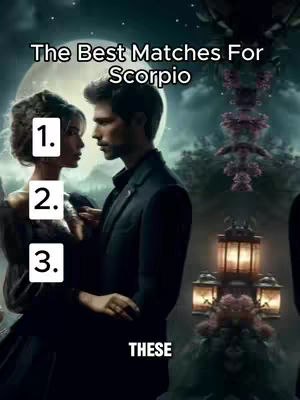 The image shows a couple in a romantic embrace, set against a backdrop that includes a full moon and stylized plant features. Text overlays indicate numbers and the phrase 'The Best Matches For Scorpio'.