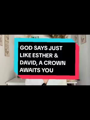 The image shows a vertical video cover with a black background in the top and bottom, and the main content in the center. A colorful rectangular overlay with a teal and pink gradient. The text overlay states: GOD SAYS JUST LIKE ESTHER & DAVID, A CROWN AWAITS YOU.