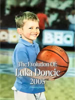A young boy, likely Luka Dončić, is smiling while holding a basketball. Text overlays label the image with his name and year.