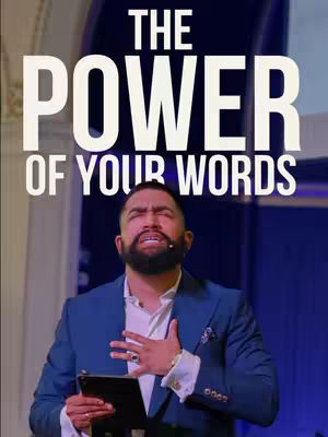 The cover image features a man in a blue suit, eyes closed, with one hand on his chest. Overlaid on the image is large white text that reads "THE POWER OF YOUR WORDS". The background is out of focus with a blue color.