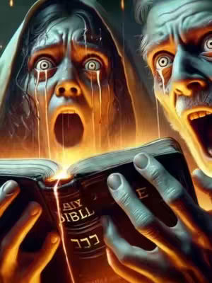 An AI-generated image depicts two people with wide, terrified eyes, positioned side-by-side. The person on the left is hooded, with tears streaming down their face, and an open mouth in a silent scream. The person on the right mirrors this expression, though partially obscured from view. Between them, a glowing book with text is held open, illuminating the scene. The background fades into darkness, intensifying the focal point.