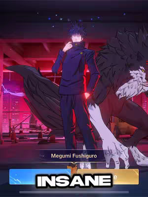 The image features an anime-styled character with dark spiky hair, standing with a wolf-like creature. The character wears a dark blue outfit. Below them, there is a text box with the name "Megumi Fushiguro". Also, the image contains the text "INSANE" in white.