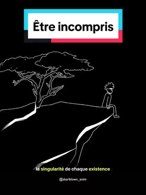 An animated image with a black background with a white illustration. In the center of the image, there's a depiction of a landscape with a cliff and a tree. A person is sitting at the edge of the cliff looking down, the hook is placed at the top-center of the image.