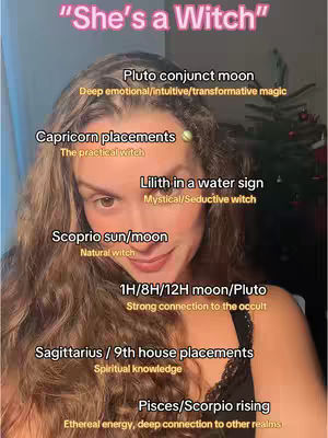 A selfie-style image with the subject's face as the primary focus. Overlaid text describes astrology placements. The woman has long, wavy hair and the background includes a blurred Christmas tree.